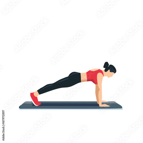 Woman in sports attire performing a plank exercise on a yoga mat for fitness and core strength