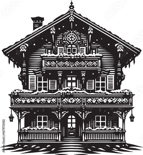 Black and white illustration of a detailed chalet house with intricate architectural elements