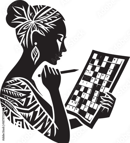 Silhouette of a Woman Concentrating on Solving a Crossword Puzzle with a Pen