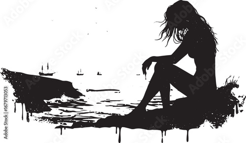 Silhouette of a woman contemplating the sea with sailing ships i