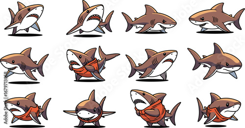 Cartoon sharks with unique expressions. Marine animals, cute mascots, animation, comical creatures, ocean predator, sea life, character design.