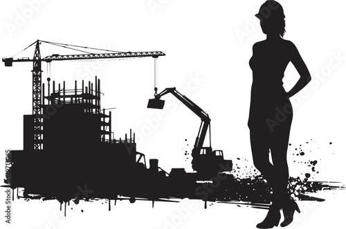 Silhouette construction site with woman engineer, a depiction of