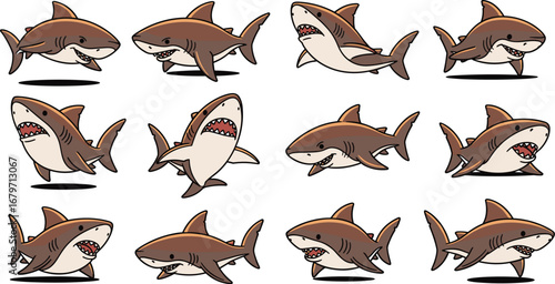Cartoon sharks swim with big smiles. Cute animal, happy, fish, danger, sea, wildlife, ocean, illustration, predator, marine, character, design, toothy, art