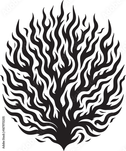 Stylized Black and White Fire Illustration in a Circular Shape, Burning Flames Design