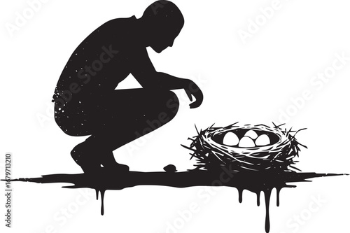 A contemplative figure observes a nest laden with promise and fr