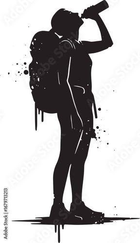 Abstract silhouette of a female hiker drinking water for hydrati