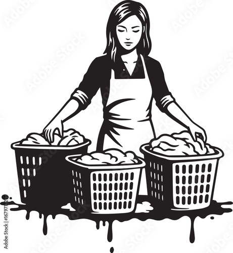 Monochrome illustration of a woman sorting laundry into multiple