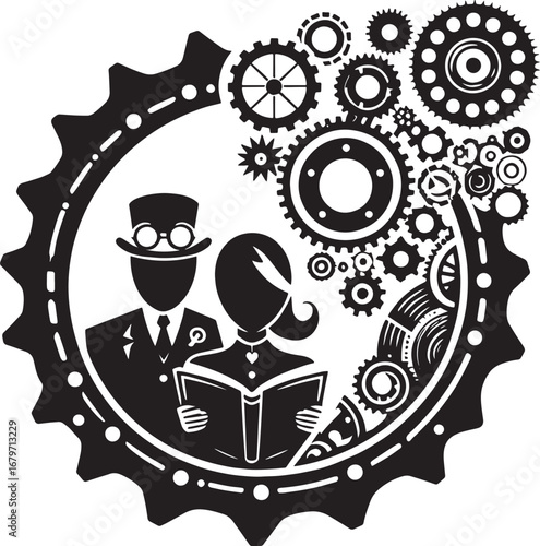 Steampunk couple reading a book inside a gear with various cogs and mechanical elements