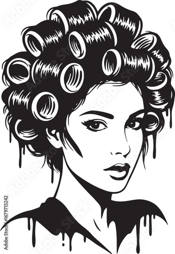 Glamorous woman with hair rollers in black and white line art st