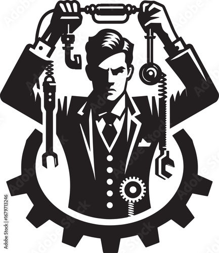 Mechanical Engineer Holding Tools with Gear Symbol in Black and White Vector Illustration