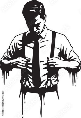 Monochrome artwork of a dressed man adjusting his suspenders wit