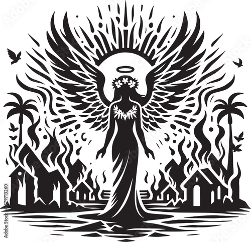 A Powerful Angelic Figure Overlooking a Burning City, a Symbolic and Striking Illustration