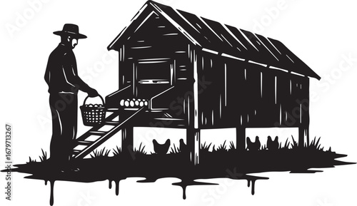 Monochrome depiction of a farmer gathering eggs in the countrysi