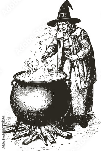 Witch in a pointed hat stands near a large cauldron boiling over fire. Bubbling water, steam, and mystical atmosphere. Dark fantasy scene isolared on white.