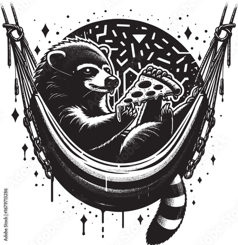 Whimsical Illustration of a Raccoon Relaxing in a Hammock and Enjoying a Pizza Slice