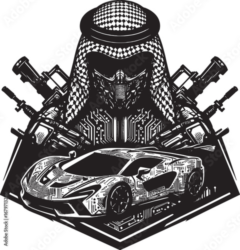 Intricate vector illustration of a sheikh with guns and a circuit board supercar design