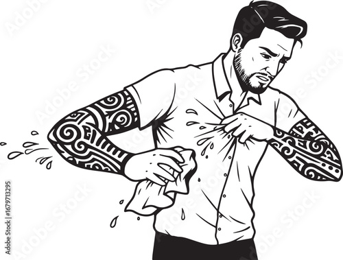 Distressed man with tattoos trying to clean a spill on his shirt