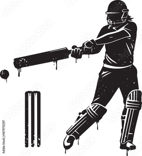 Abstract cricket player swinging bat illustration with grunge st