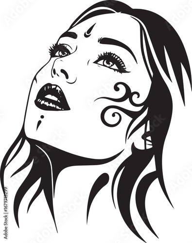 Elegant monochrome drawing of a woman gazing skyward with intric