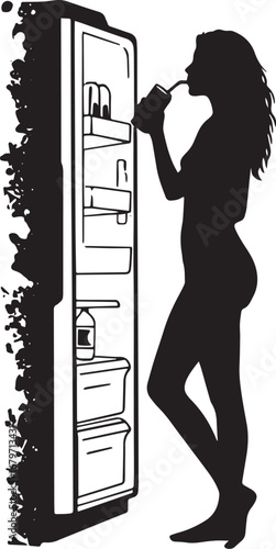 Silhouette of a woman drinking from a fridge, capturing late nig