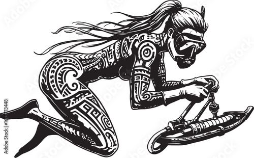 Tattooed diving woman with underwater scooter, artistic represen