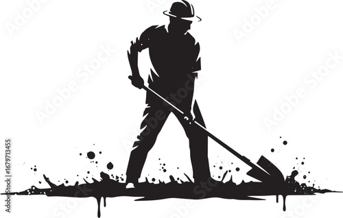 Silhouette of a worker digging ground with shovel in vector form