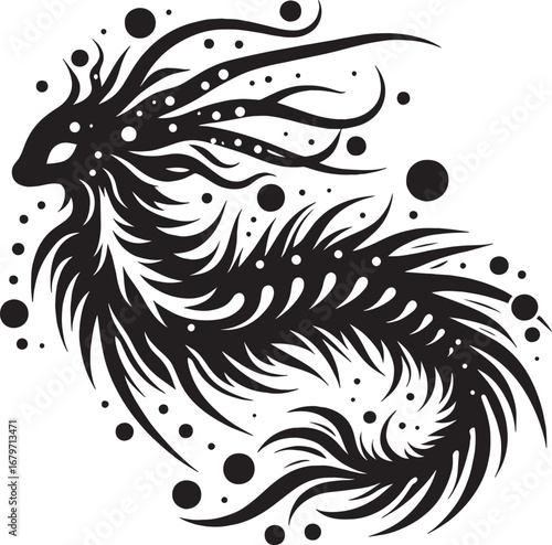 Intricate Black and White Dragon Illustration: Fantasy Creature Design, Vector Art