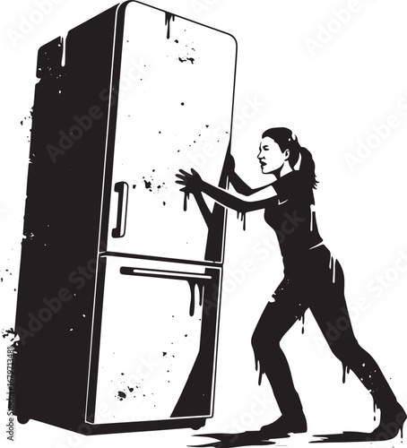 Woman powerfully pushes an enormous, distressed refrigerator on