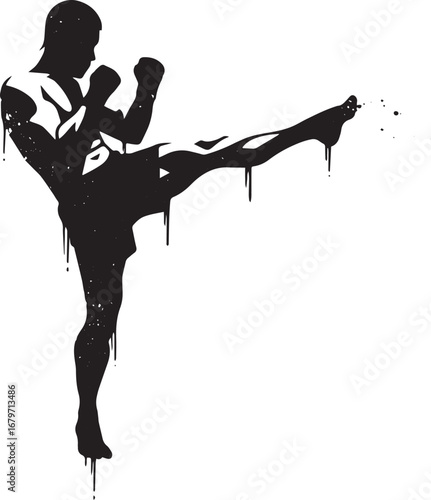 Dynamic stance of Muay Thai fighter, aggressive kickboxing move