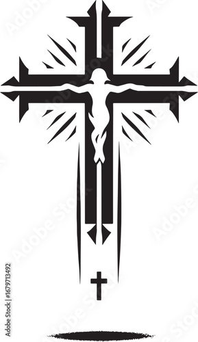 Detailed Silhouette of a Crucifix with Christ Depiction and Symbolic Religious Elements
