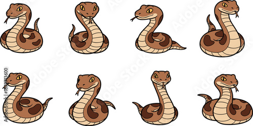 Cute cartoon snakes coiled and striking. Reptiles, wildlife, illustration, animation, vector, mascot, exotic, danger, pattern, cartoonish