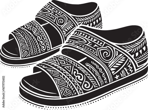 Illustration of a pair of sandals with intricate Polynesian tribal patterns design