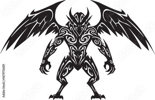 Stylized Tribal Winged Demon Guardian Creature Black Silhouette