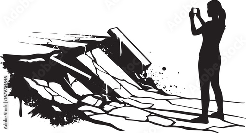 Silhouette of woman capturing a broken landscape with her smartp