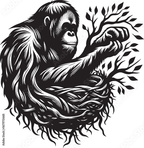 Black and White Illustration of an Orangutan Holding a Tree Branch in a Natural Setting