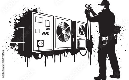 Silhouetted technician with gauges inspecting HVAC equipment, sp