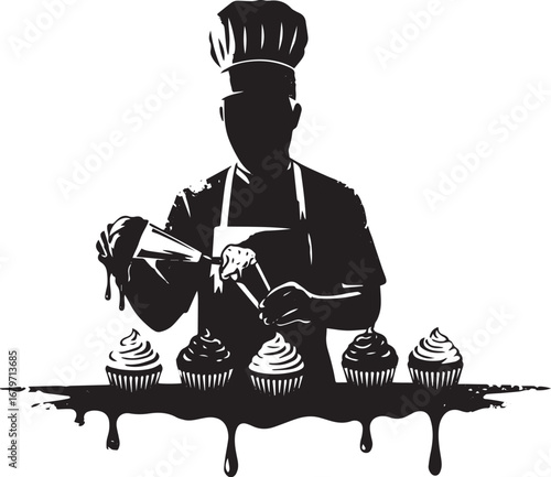 Silhouette of a confectioner decorating delicious cupcakes with