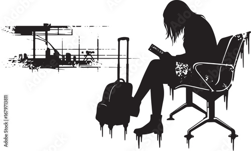 Silhouette of a woman with luggage reading a canceled travel doc
