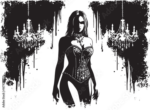 Monochrome elegance, woman in corset surrounded by chandeliers a