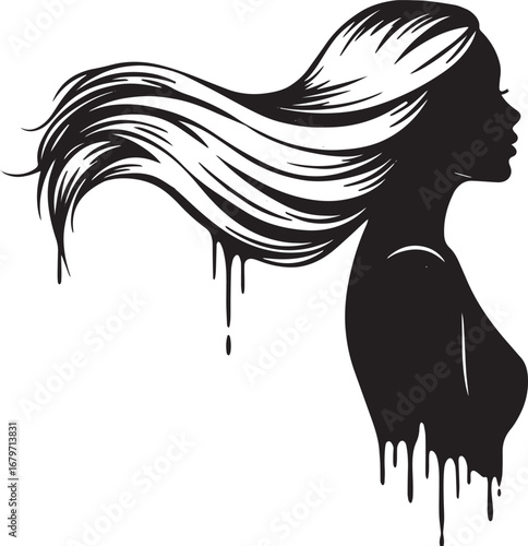 Elegant woman silhouette with flowing hair and artistic dripping