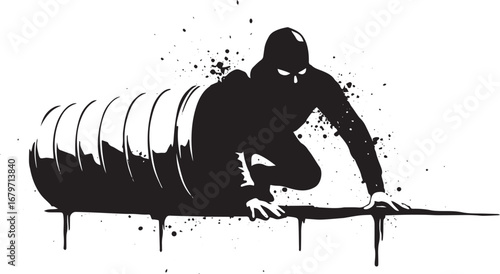 A Silhouette of a Figure Crawling Through a Tube with Artistic F