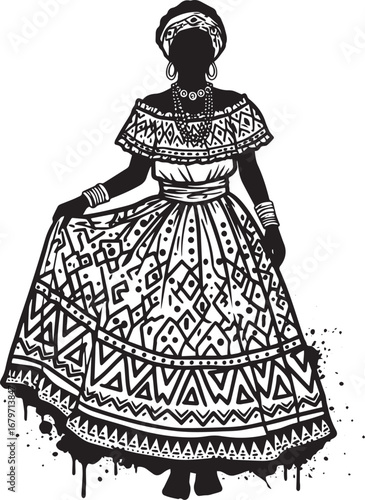 Silhouette of a woman in traditional dress with intricate patter