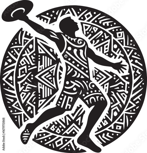 Silhouette of a man throwing a frisbee against an intricate tribal circular background design