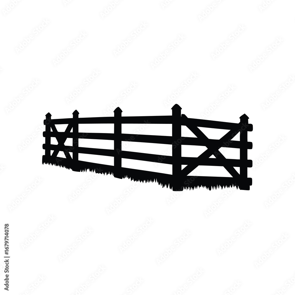 Naklejka premium Silhouette of a traditional wooden fence separating land or property lines, farm fence silhouette vector illustration