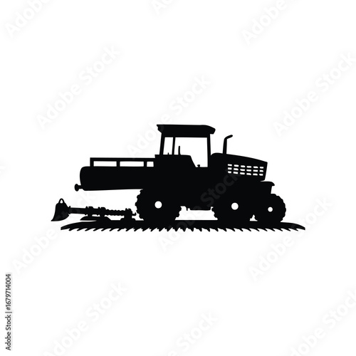 Silhouette of an agricultural tractor cultivating land, showcasing farming equipment and technology, farm equipment in field silhouette vector illustration