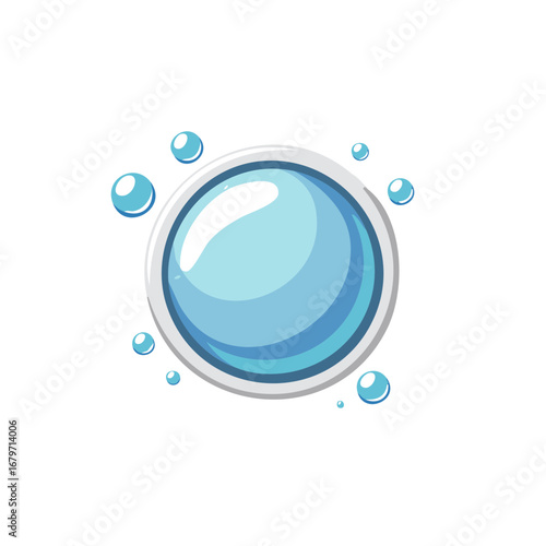 Shiny blue cartoon soap bubble with a porthole frame and floating water drops illustration for cleaning concepts