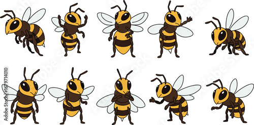 Cartoon bees with wings posing. Cute insects, honey production, apiary, pollination, nature, buzzing, sweet, honeycombs.