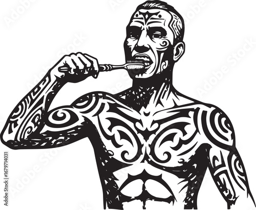 Tattooed man brushing teeth, isolated illustration for dental hy