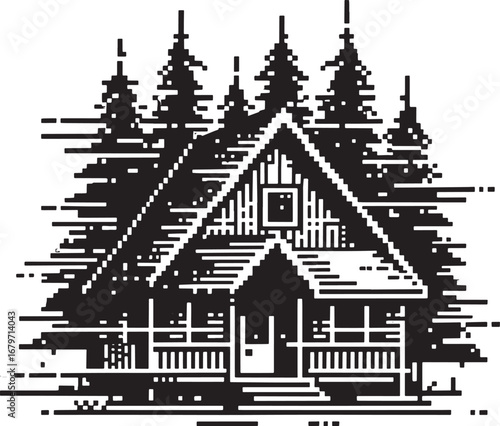 Pixelated Cabin in the Woods with Pine Trees: A Black and White Vector Illustration