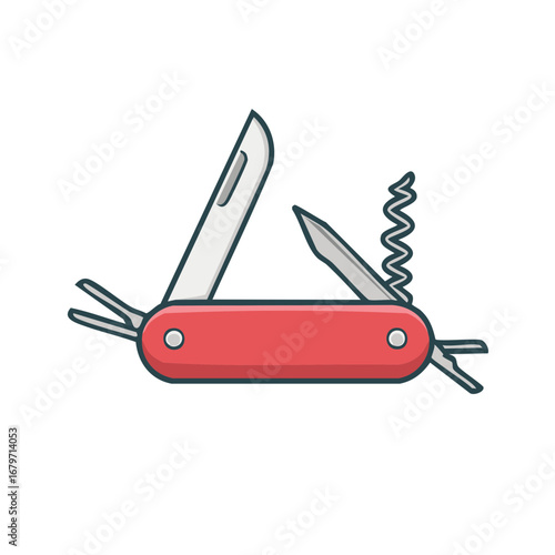 Vector illustration of a red Swiss army knife with various opened tools isolated